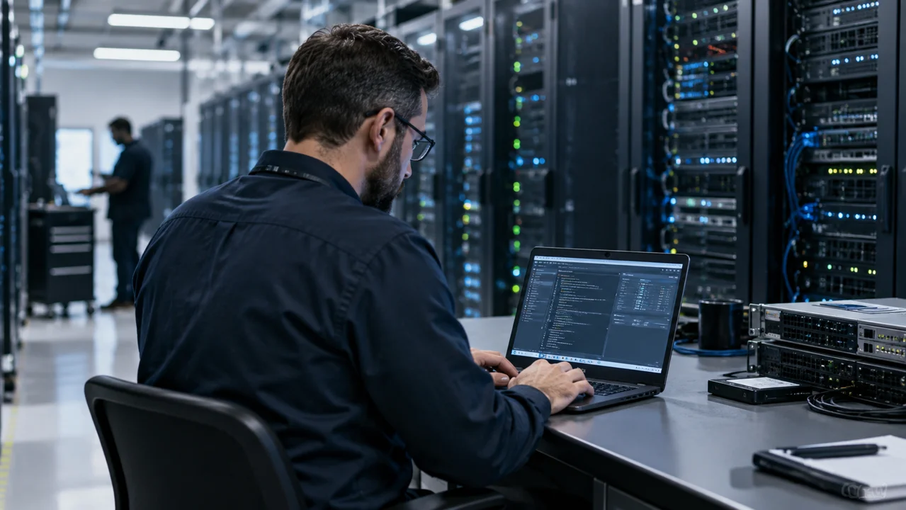Illustrative photo of an IT specialist reviewing infrastructure configuration in a data centre