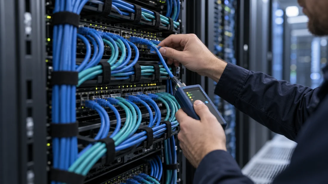 Illustrative photo of a technician checking network connections