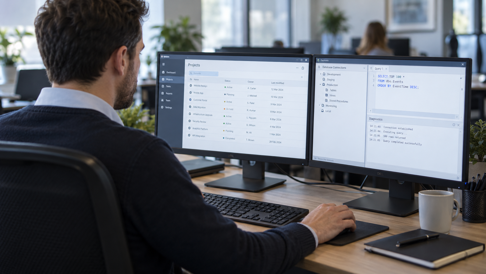 A specialist reviewing desktop software and database connections