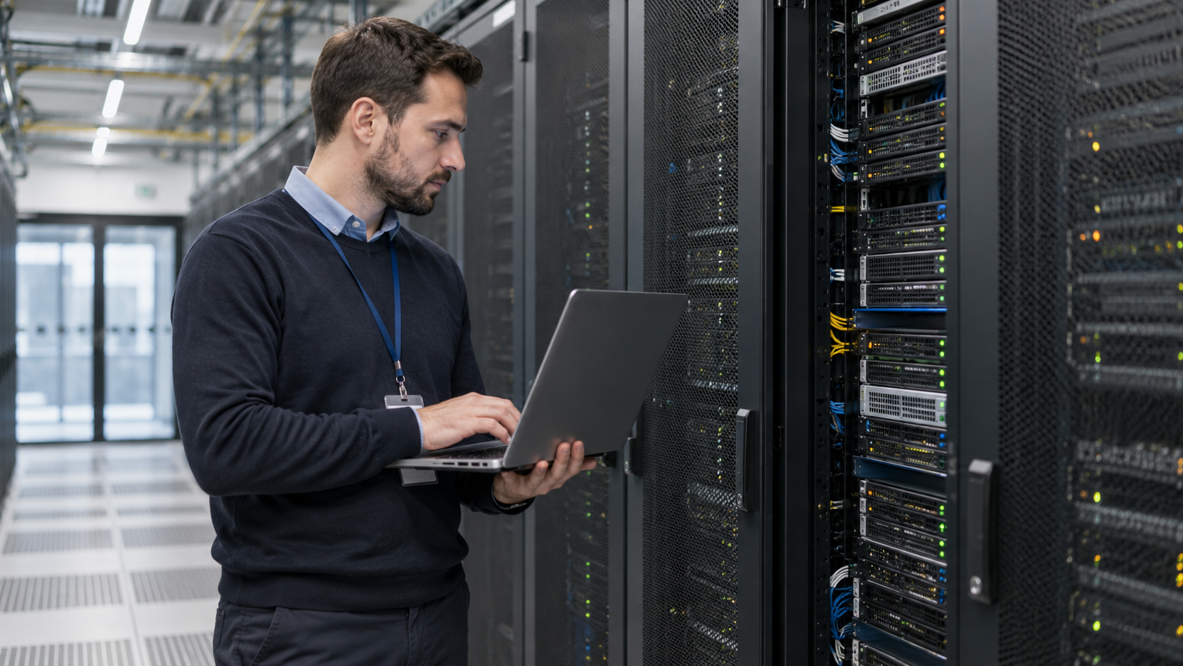 A network specialist reviewing infrastructure beside server cabinets