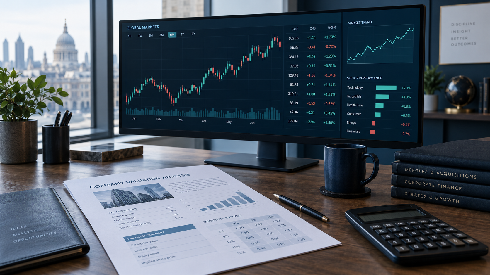 Illustrative share price charts and stock market trends beside a company valuation report