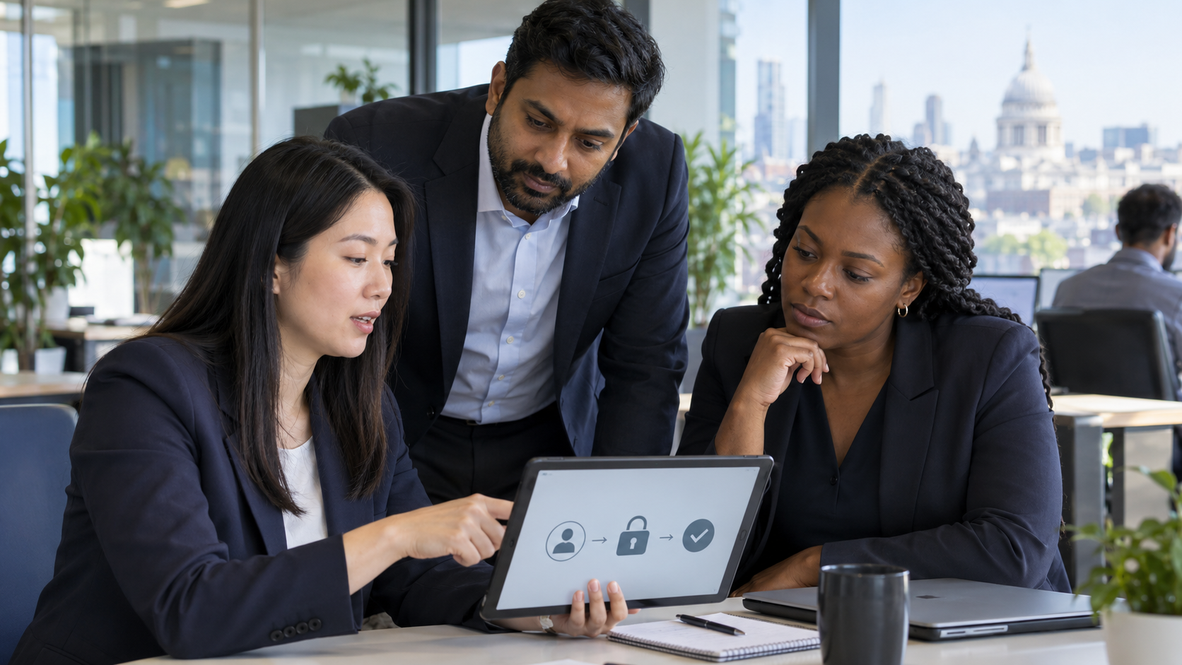 Technology and business colleagues discussing secure identity verification