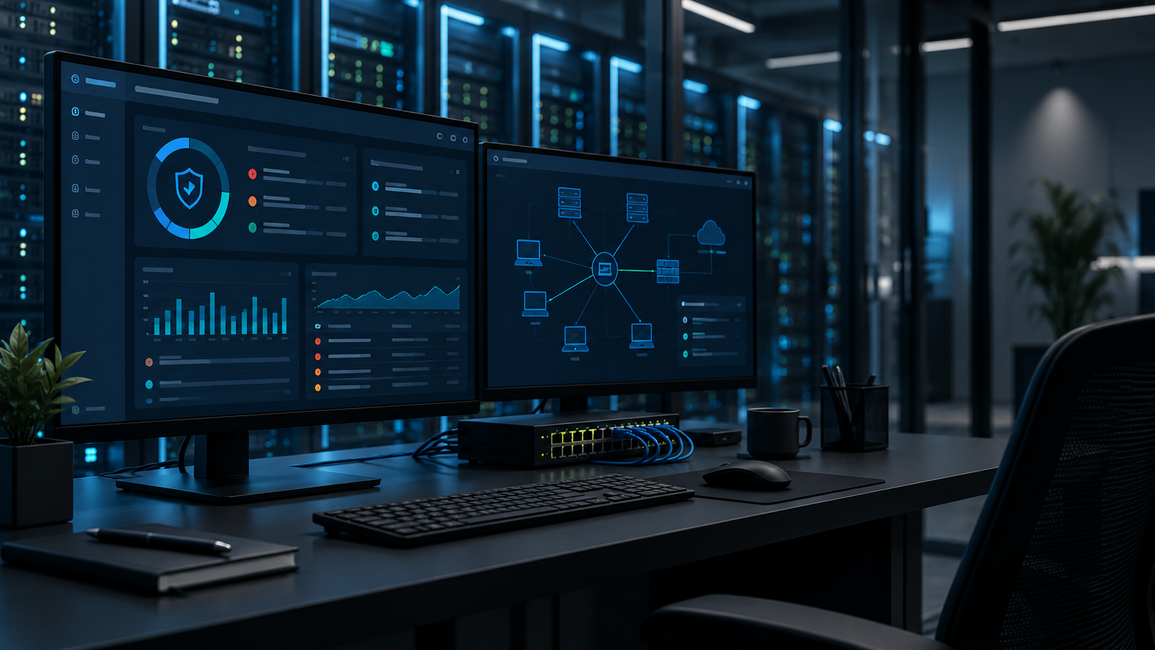 Security monitoring dashboards and network infrastructure representing practical cyber controls